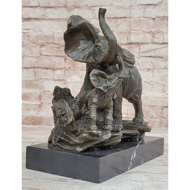 Mother Imitative Elephant Calf Bronze Statue Sculpture Figure On Marble Base Barye