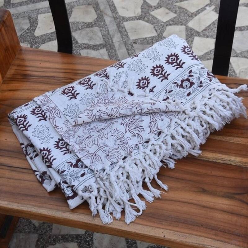 Fabdivine Rohini Handwoven Cotton Blanket- Stylish Block Print Throw for Home Decor & Bed Cover with Handcrafted Fringe, 90"x54"