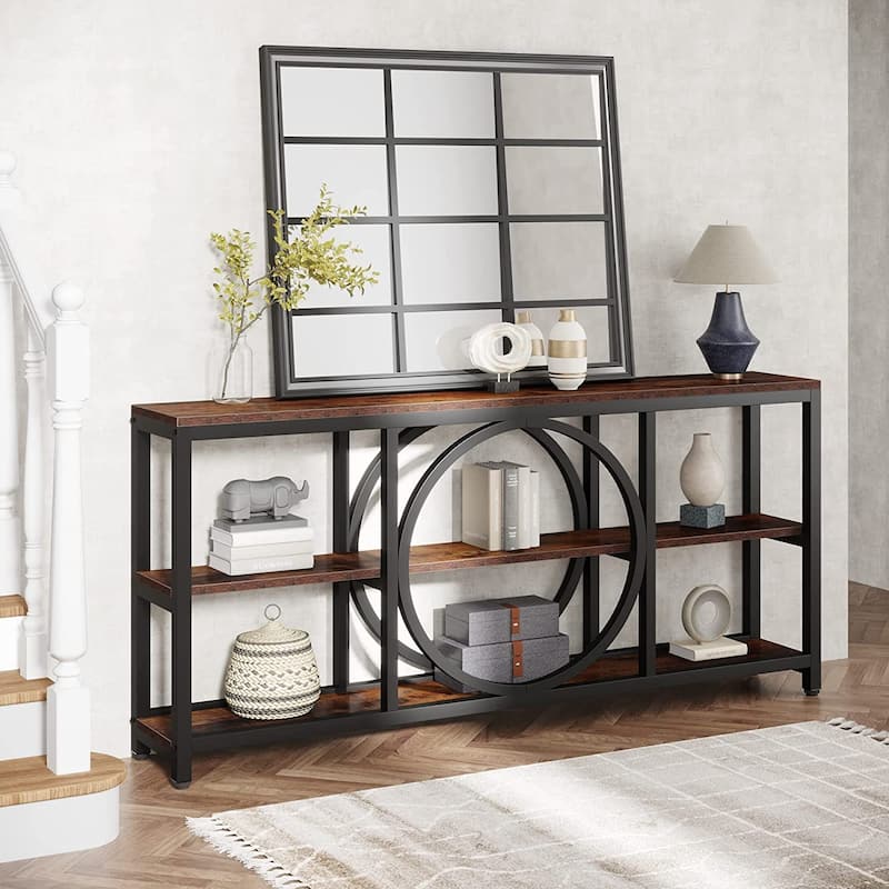 Extra Long Console Table, 70.9 inch Narrow Sofa Tables with 3 Tier Wood Storage Shelves, Rustic Brown Black - 11.75" * 70.9"
