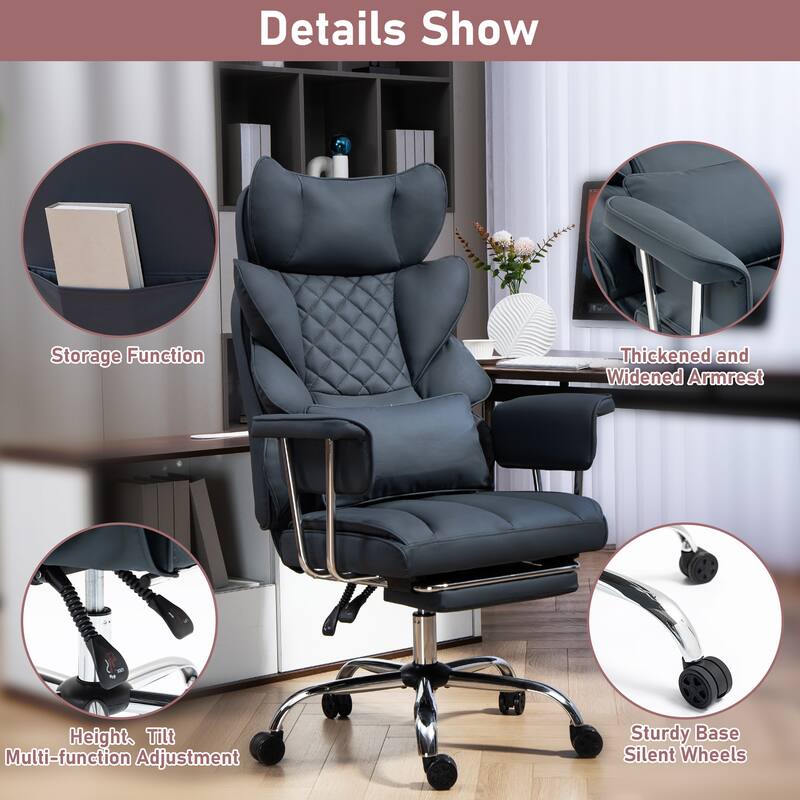 Comfortable Ergonomic Office Chair with Foot Rest, PU Leather Reclining Chair with Adjustable Height Headrest and Waist Lumber