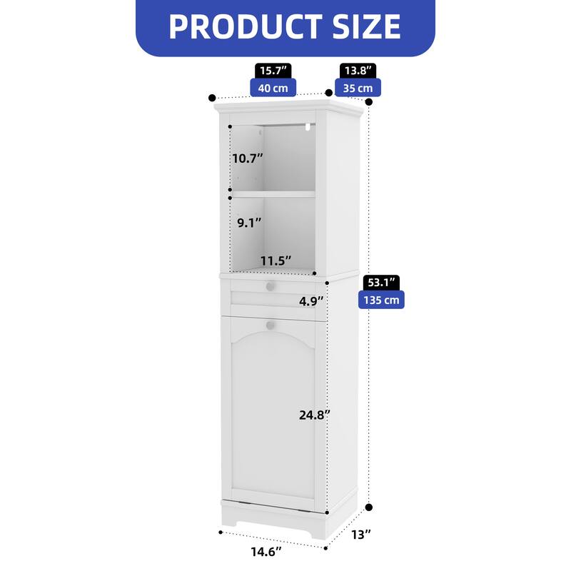 53 Inch Tall Tilt Out Laundry Hamper Cabinet with Hidden Basket and Storage Drawer