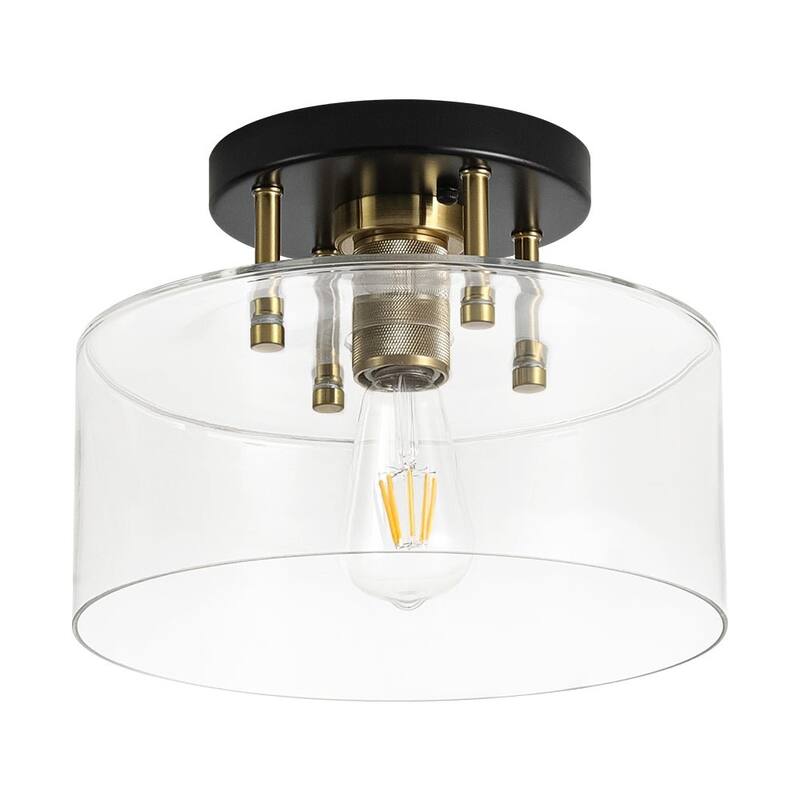 Farmhouse Black Brass 1-Light Glass Drum Semi Flush Ceiling Fixture - 11.8 Inches