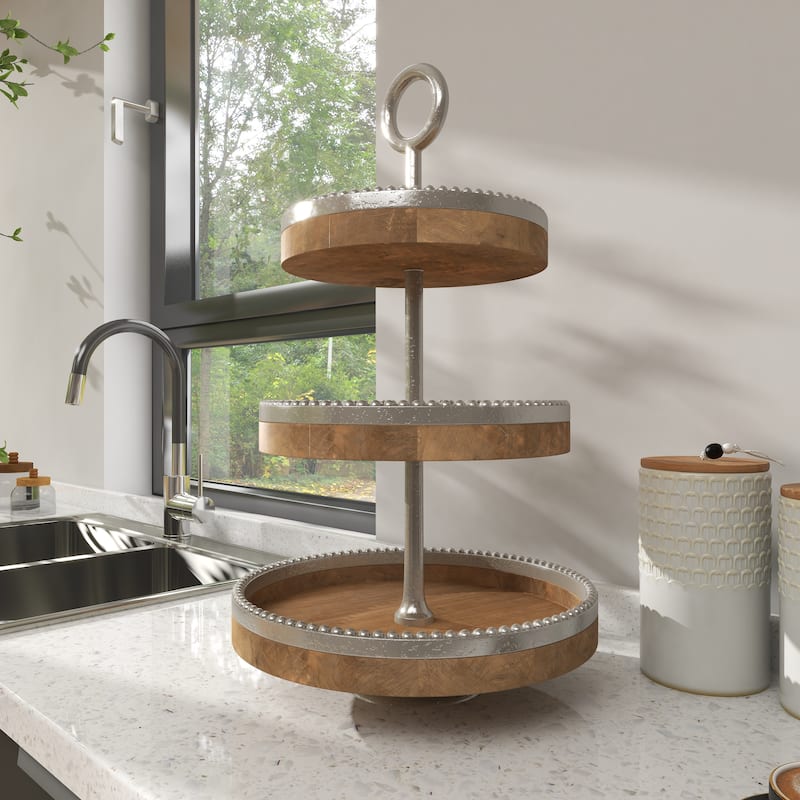 Mango Wood 3 Level Tiered Server with Silver Accents - Brown - Roche River Decor