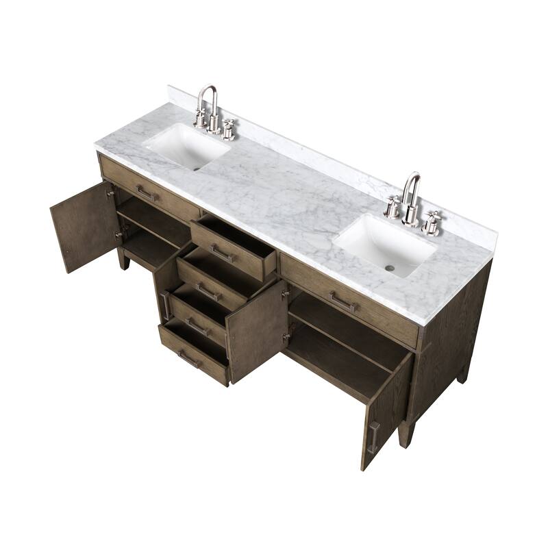 Lexora Laurel Bath Vanity, Carrara Marble Top, Faucet Set, and Mirror
