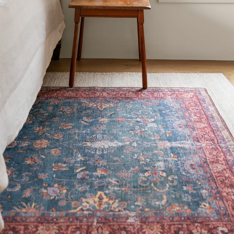 Machine Washable Kate Lester + Jaipur Living Yasha Floral Blue and Red Area Rug
