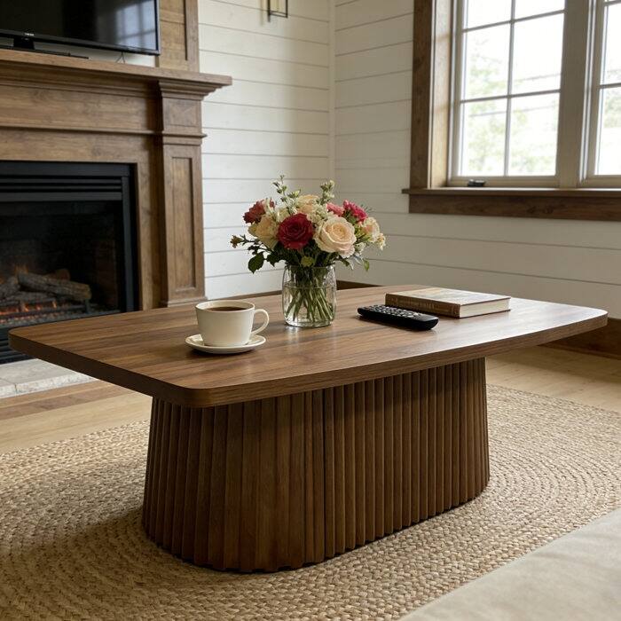 47.2" Coffee Table with Fluted Pedestal, Mid Century Modern Center Table - Brown
