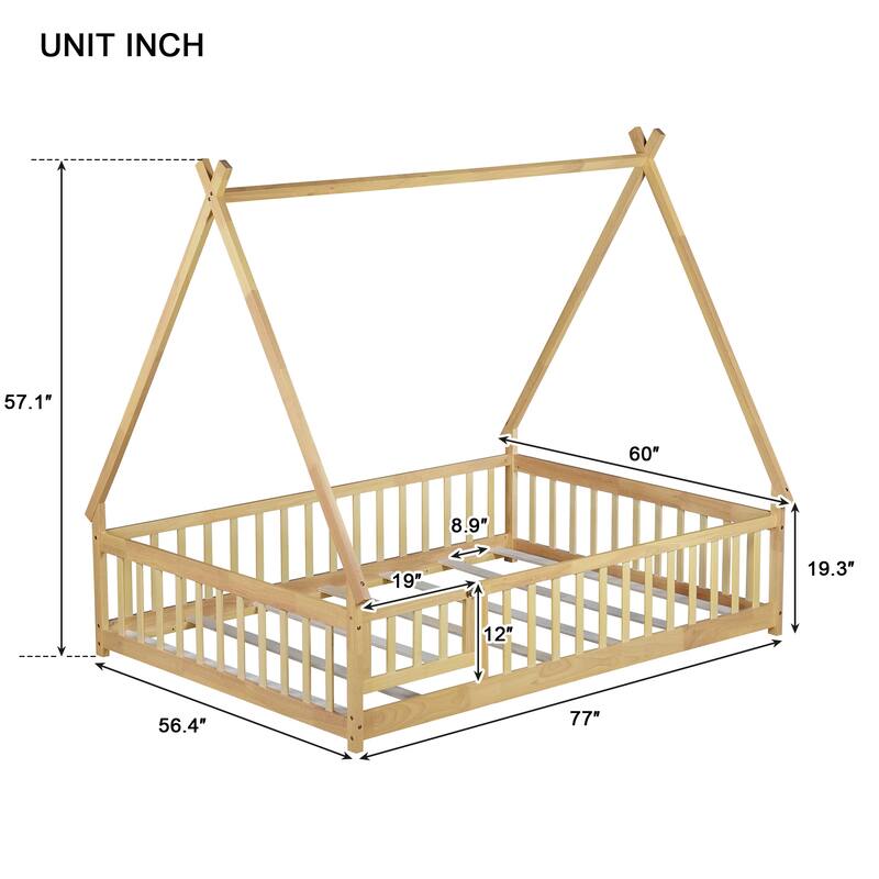 Full Size Rubber Wood Teepee Floor Bed with Guardrails, Slats and Door for Kids Bedroom