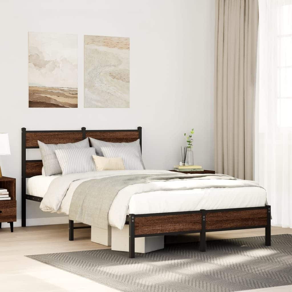 vidaXL Bed Frame Brown Oak Steel, Engineered Wood Small Double Bed Frame - 49.2 x 77.2 x 36.0