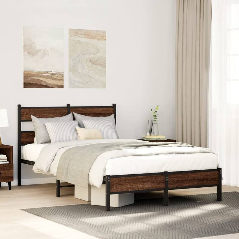 vidaXL Bed Frame Brown Oak Steel, Engineered Wood Small Double Bed Frame - 49.2 x 77.2 x 36.0