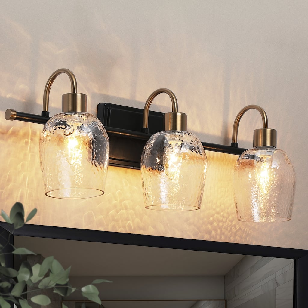 Modern 3-Light Black Gold Linear Bathroom Vanity Lights Wine Glass Wall Sconces