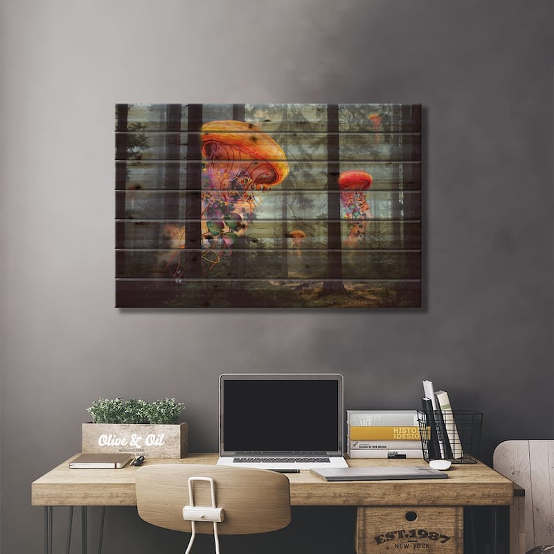 Electric Jellyfish Forest Print On Wood by David Loblaw - Multi-Color