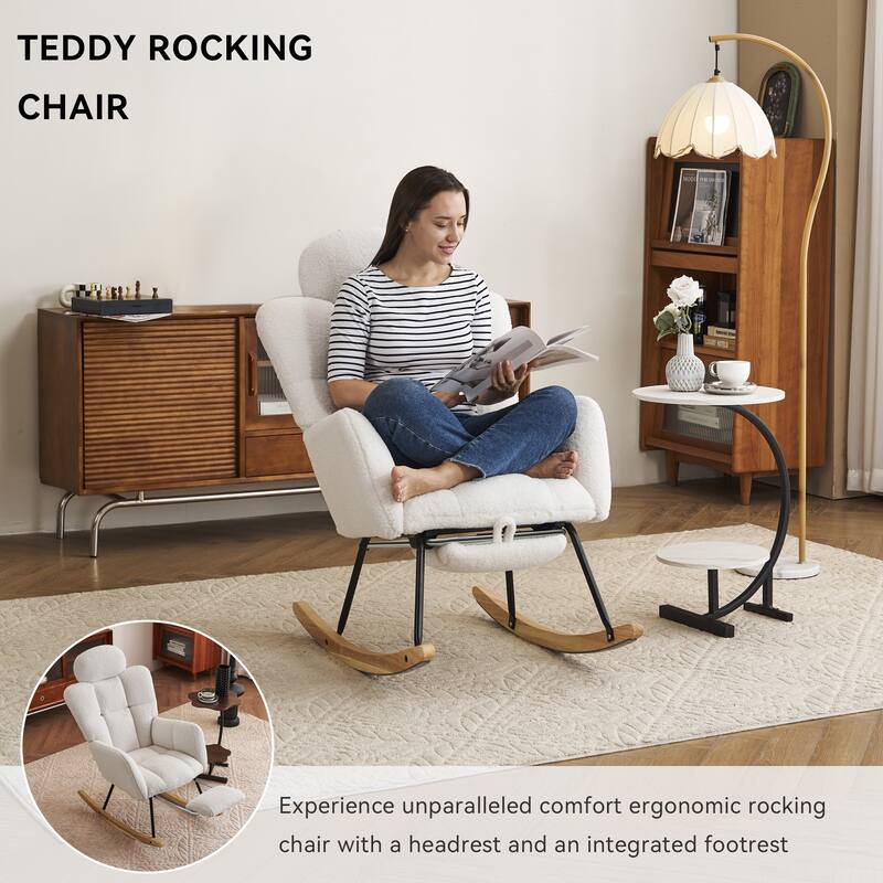 Comfortable Teddy Fabric Upholstered Rocking Chair with High Backrest and Pillows for Indoor Use
