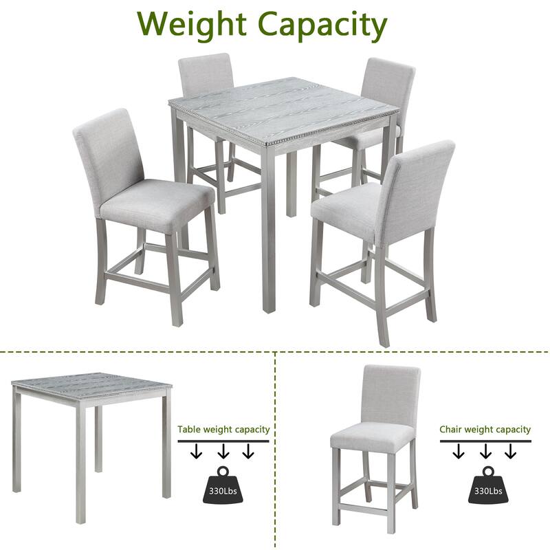 5 Piece Counter Height Table Set Wooden Kitchen Table Set with Square Table and 4 Upholstered Chairs Counter Height