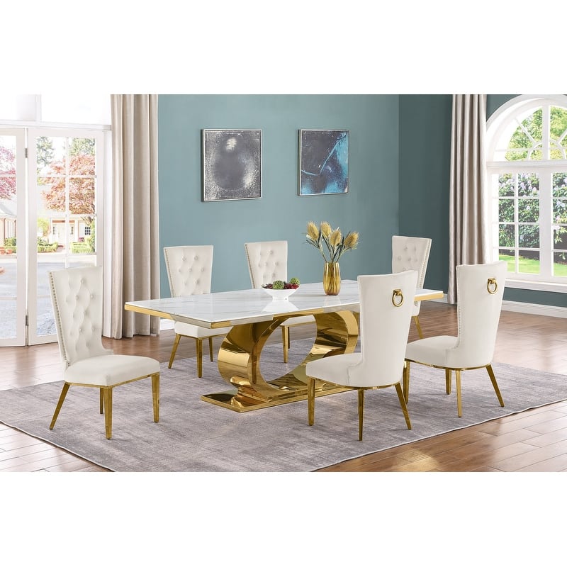 Best Quality Furniture D432/3-SC330-7 Dining Set with 87" White Marble Top - Cream / Gold - 7-Piece