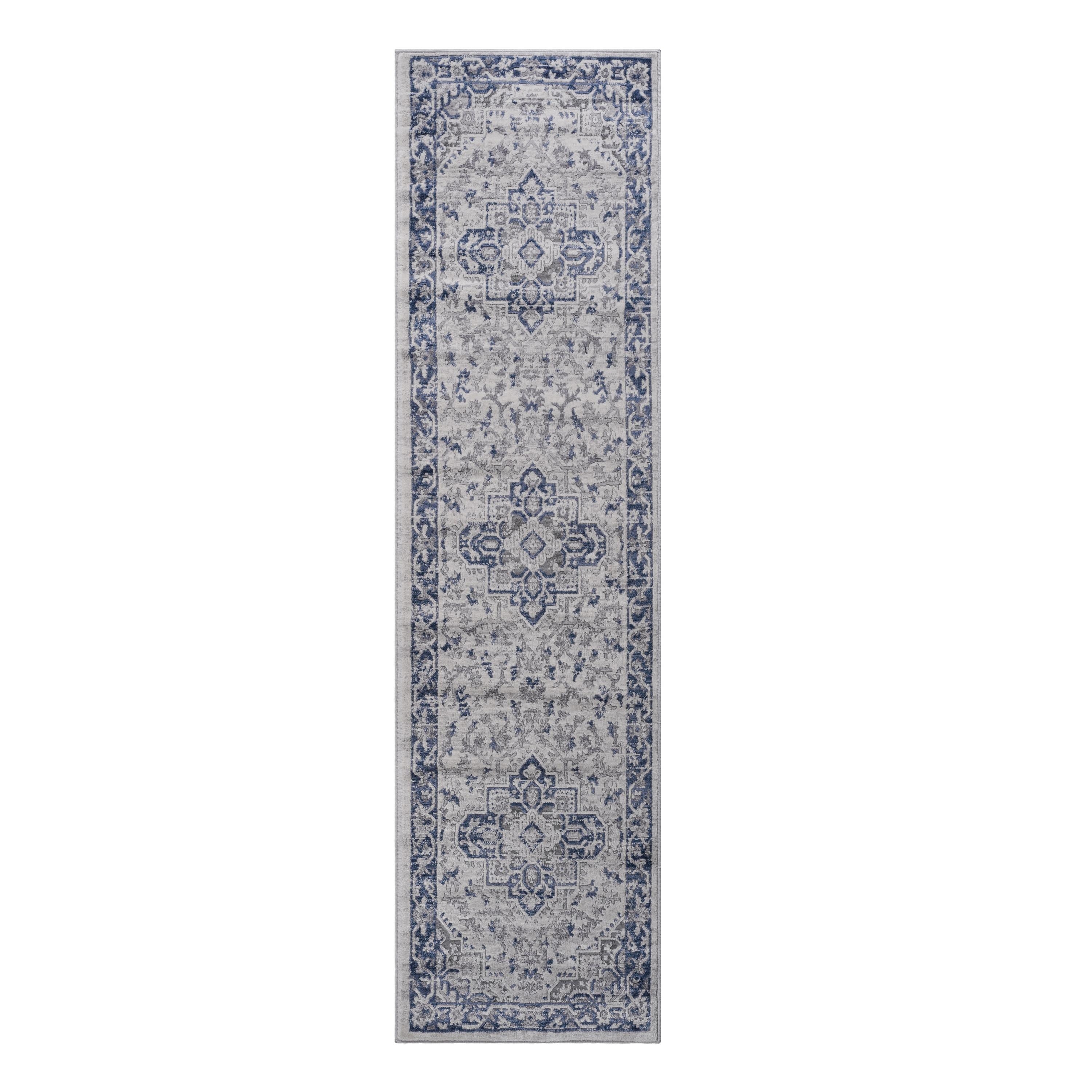 MARFI Collection 2X8 Blue / Grey / Oriental Non-Shedding Runner Rug - 96" D x 26" W x 0.35" H