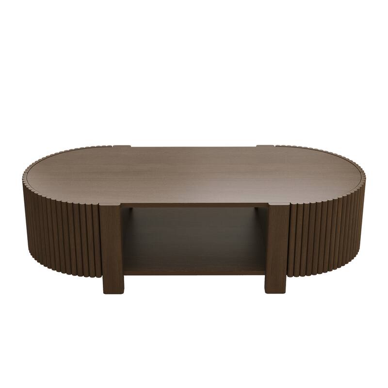 47" Oval Fluted Coffee Table with 2 Doors, Open Shelf & Wood Finish