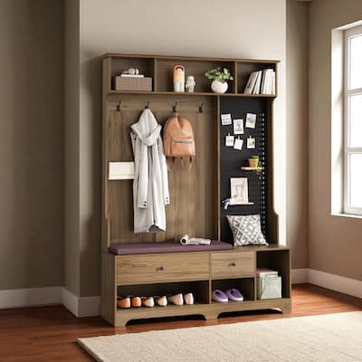 Modern Hall Tree with Removable Linen Cushion Bench, Coat Rack, Shelves & DIY Pegboard, 57.48 x 14.96 x 77.17 in