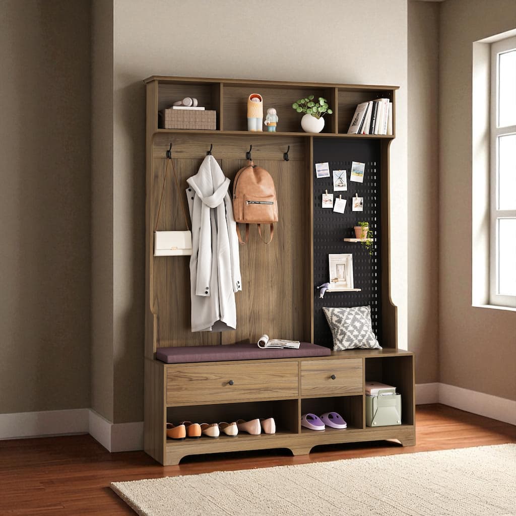 Modern Hall Tree with Removable Linen Cushion Bench, Coat Rack, Shelves & DIY Pegboard, 57.48 x 14.96 x 77.17 in