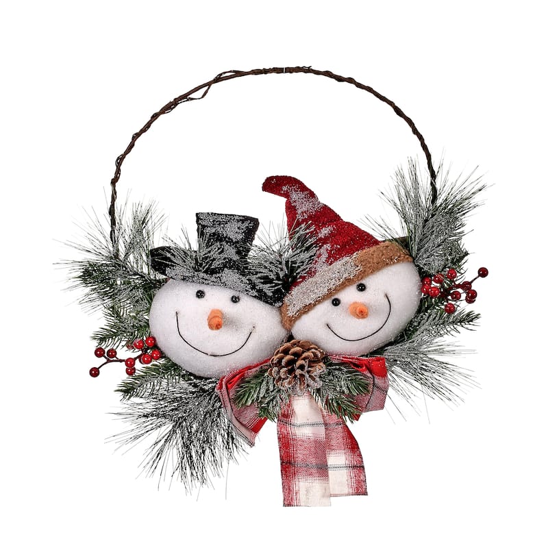 19" Snowman Head Wreath W/Plaid Bow