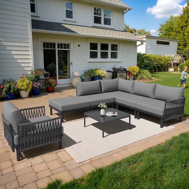 2/4/6/8-Seat Modular All-Weather Aluminum Outdoor Sectional Sofa Set with Deep Seating Patio Conversation Set - 6-seater  - Dark Grey