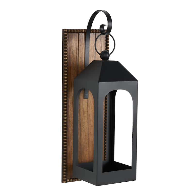 Metal Suspended Arched Cutout Wall Sconce with Brown Wood Backing and Beaded Edge - Black - Roche River Decor