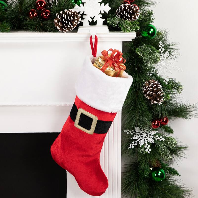 20" Red and White Velveteen Santa Claus Belt Buckle Christmas Stocking