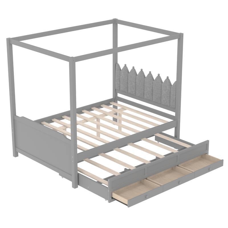 Full Platform Bed with Upholstered Headboard, Twin Size Trundle and 3 Drawers, Princess Canopy Bed Frame for Kids