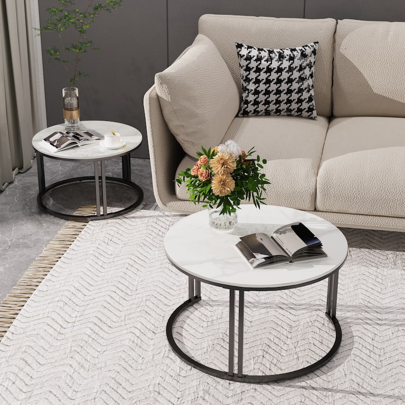 2X Round Nested Coffee Table Sintered Stone Top Metal Tables - 27”x16”