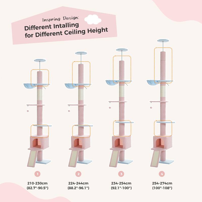 Adjustable Height Floor to Ceiling 5-Tier Tall Cat Tree Tower for Indoor Cats with Cat Condo, Cat Scratching Post and Cat Ladder