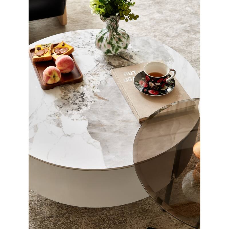 Round & reall Coffee Table with Drawers and metal legs,Table with Golden Legs Circular Center Table with ceramic Pattern Top