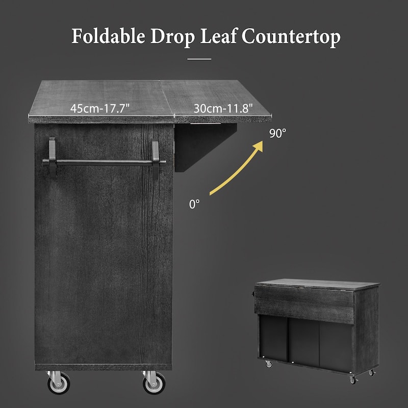 51.2"W 3D Wave Stripes Kitchen Island with Storage, Drop Leaf, Farmhouse Kitchen Island on Wheels Rolling Kitchen Cart