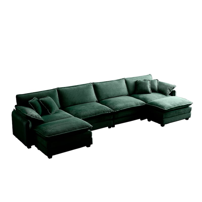 Green 6-piece Corduroy U-Shaped Modular Sectional Sofa with 2 Ottomans