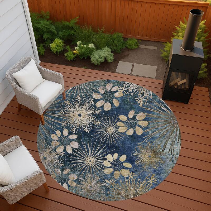 Machine Washable Indoor/ Outdoor Floral Geo Chantille Rug - Navy - 8' x 8'