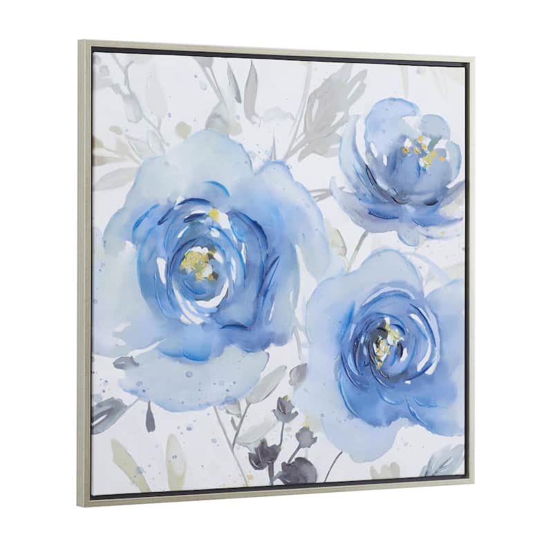 Canvas Floral Framed Wall Art with Silver Frame - Blue - Roche River Decor