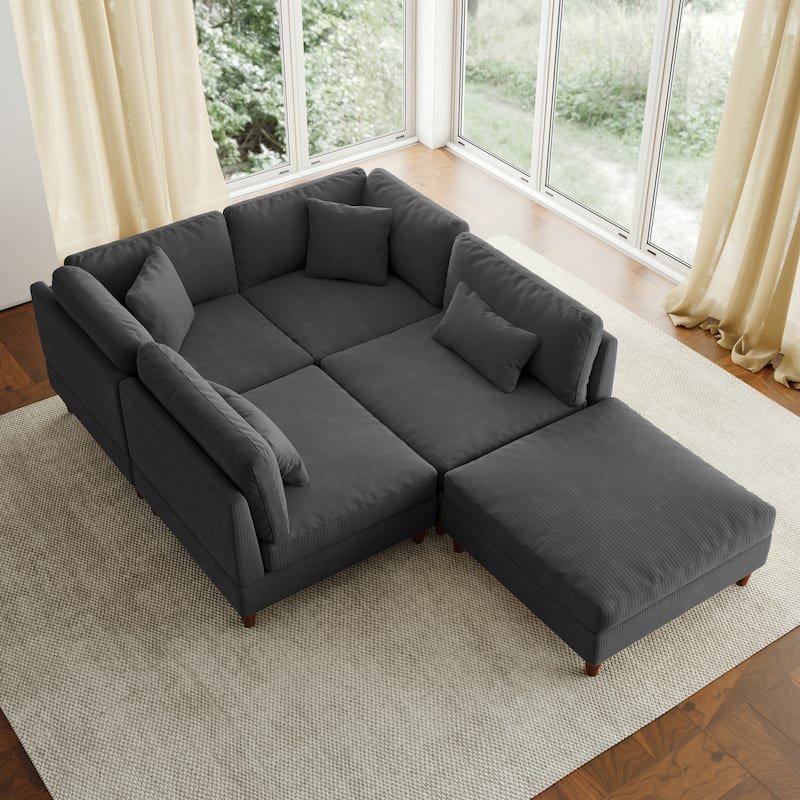 5-Piece Modern Comfy Corduroy Modular Sectional Sofa with Ottoman