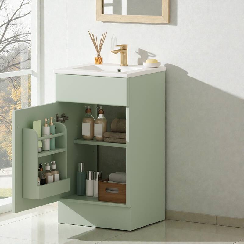 18 Inch Bathroom Vanity with Ceramic Sink, Freestanding Vanity Cabinet with Soft Close Door and Adjustable Shelf