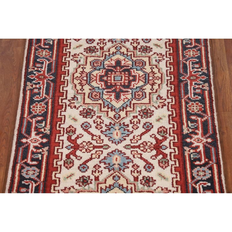 Ivory Geometric Heriz Serapi Runner Rug Hand-Knotted Wool Carpet - 2'6"x 7'10"