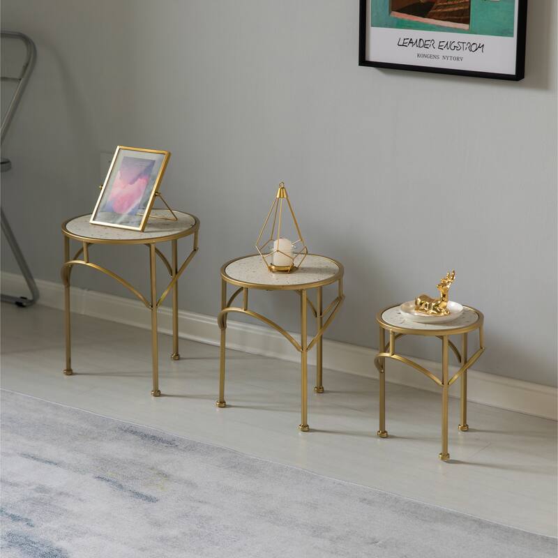 Decorative Gold Metal Round Plant Stand, Modern White Marble Look Top Display End Side Table, Set of 3 - Set of 3 - Set of 3 - Marble
