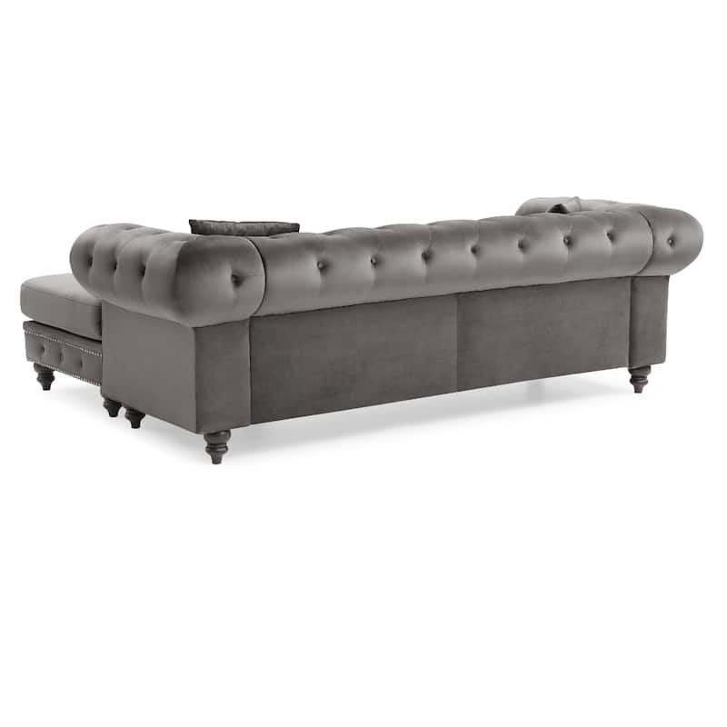 Tufted Velvet L-Shape 3-Seater Sectional Sofa with Throw Pillows - 98" - Dark Gray