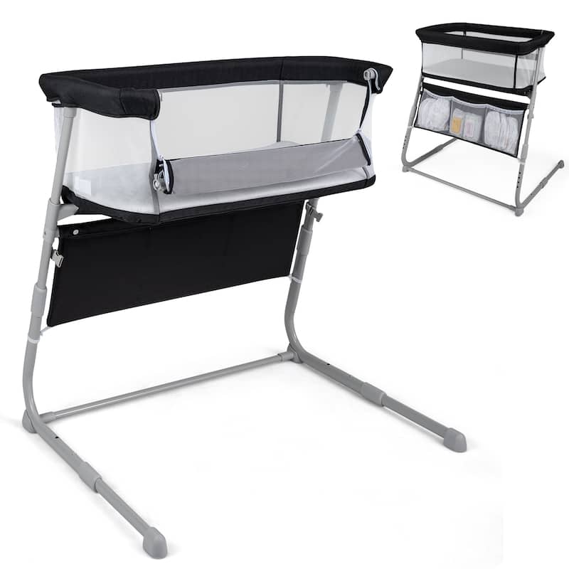 Gymax Bedside Crib w/ Mattress 5-Level Adjustable Height Protective - Black