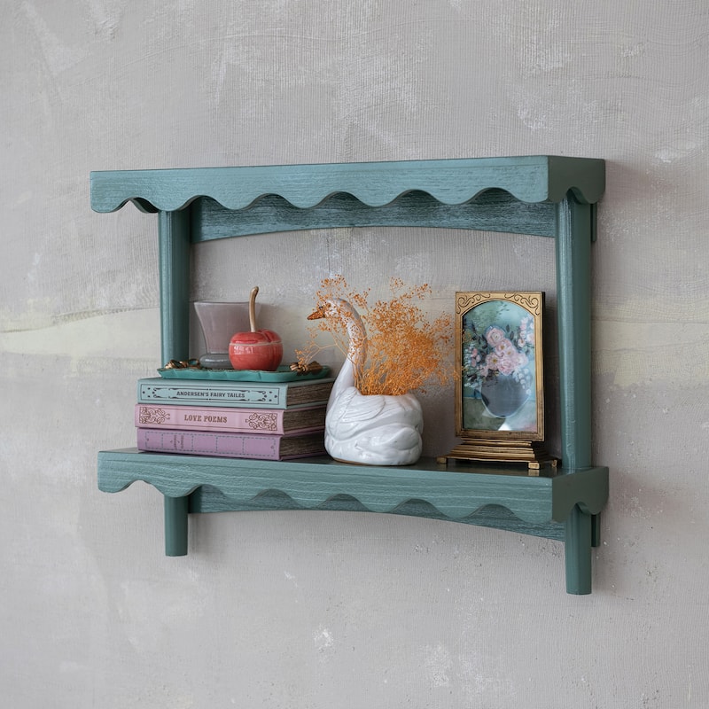 Wood Lacquered Scalloped Wall Shelf with 2 Shelves, Eucalyptus Color - 23.6"L x 5.9"W x 18.9"H