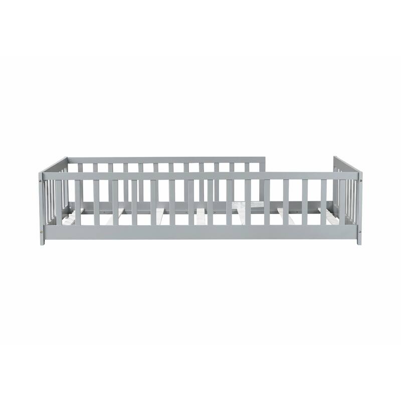 Twin Size Floor Bed with Fence without Door, Rubber Wood Floor Bed with Safety Guardrails