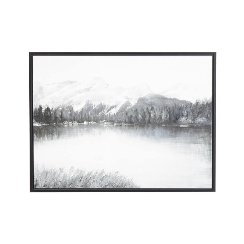 Canvas Landscape Neutral Toned Lake Living Room Framed Wall Art with Black Frame - Gray - Roche River Decor - 40"W, 30"H