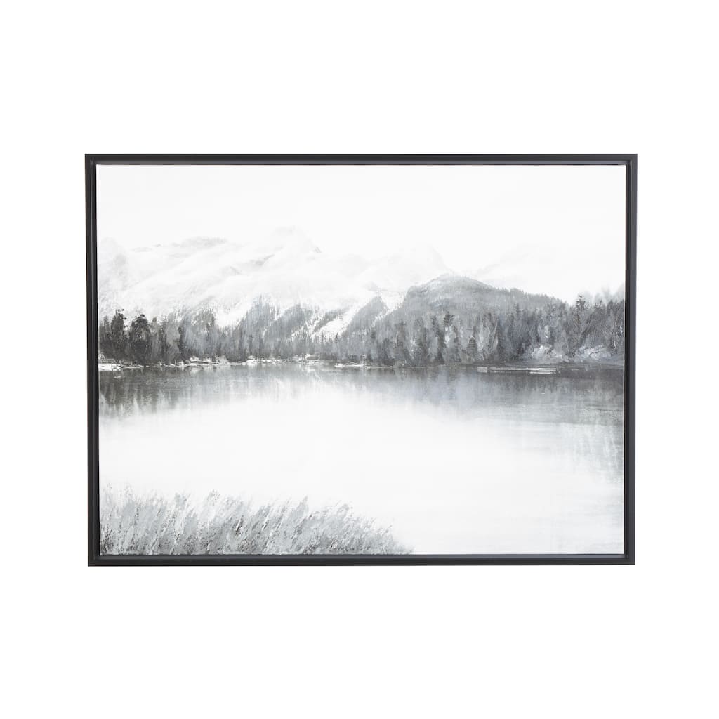 Canvas Landscape Neutral Toned Lake Living Room Framed Wall Art with Black Frame - Gray - Roche River Decor