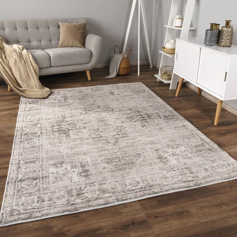 Modern Area Rug Bordered Classic Design in Vintage Look
