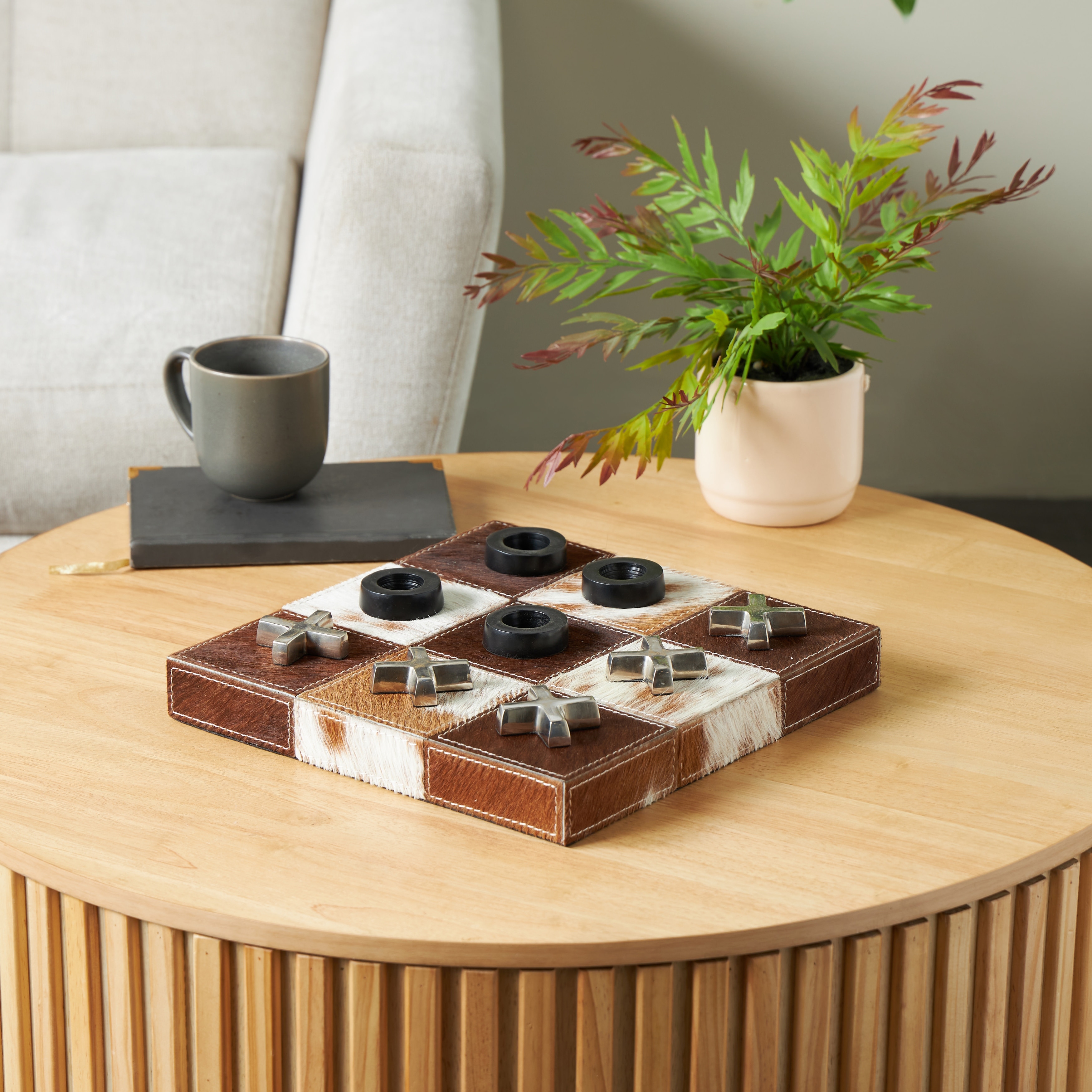 Brown Aluminum Metal Cowhide Tic Tac Toe Home Decor Game Set with Black and Silver Pieces