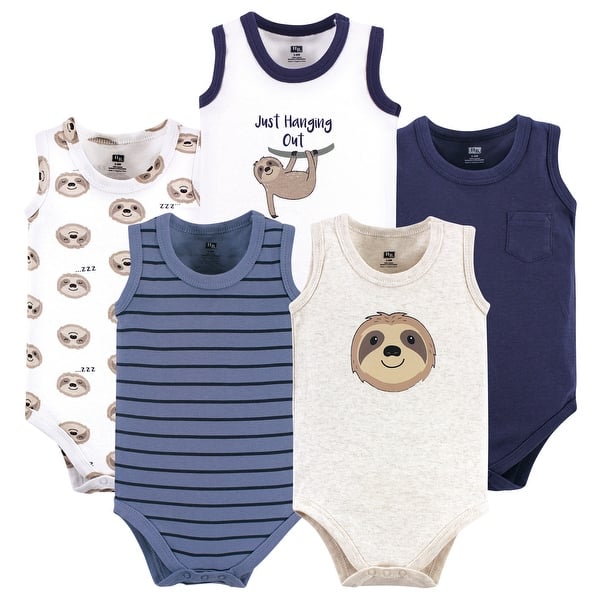 slide 1 of 1, Hudson Baby Infant Boy Cotton Sleeveless Bodysuits 5pk, Sloth 0-3 Months - Sloth