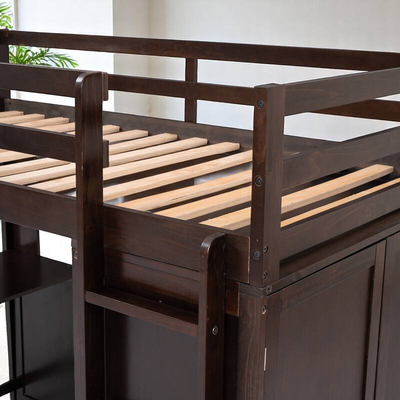Wooden Twin/Full Loft Bed with Built-in Desk, Wardrobe Closet & Storage Drawers, Guardrail Design