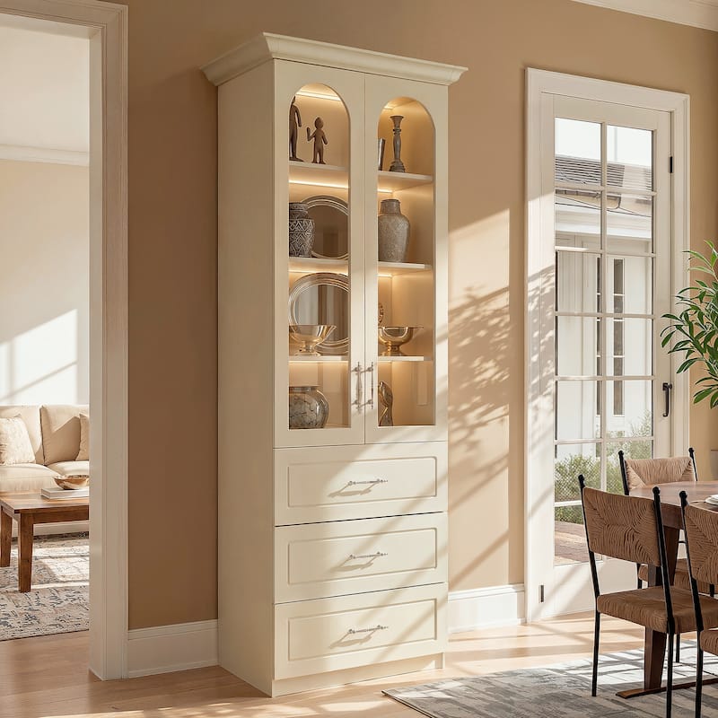 Modular Bookcase with LED Lights, Glass Door Storage Cabinet with Drawers, Large Display Shelving Unit Sideboard - 37"W(Only)