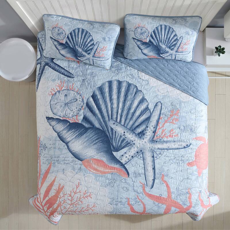 Caribbean Joe Coastal 3PC Quilt Set - Coral Turtle - Full - Queen